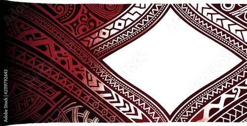 Red, black tribal pattern art with geometric shapes. Polynesian style tattoo design on white background for skin ink. Traditional ethnic ornament borders show intricate lines, cultural symbols.