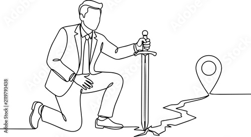 Continuous one line drawing of generic businessman kneeling to plant sword in ground creating crack to location pin for market dominance and strategic conquest concept vector