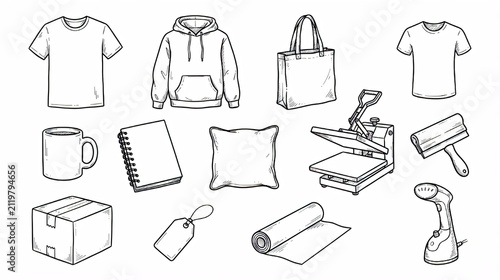 Hand Drawn Sublimation Printing, Heat Press, Merchandise Mockup and Blank Apparel Elements Vector Set