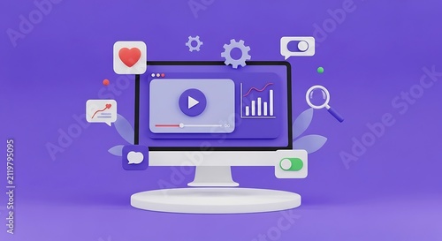 3D illustration of computer monitor with video player interface and digital media icons