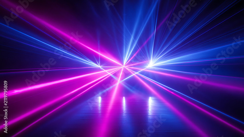 Abstract neon laser light show with pink and blue beams emanating from a central bright starburst on a dark background, creating a futuristic and energetic atmosphere.