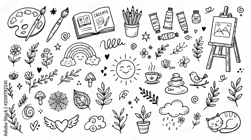 Fototapeta premium Hand Drawn Art, Creativity, Painting and Nature Doodle Elements Vector Set