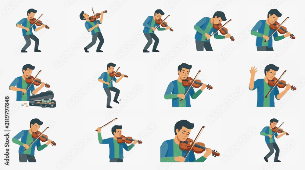 Fototapeta premium Musicians playing violin in animated poses.