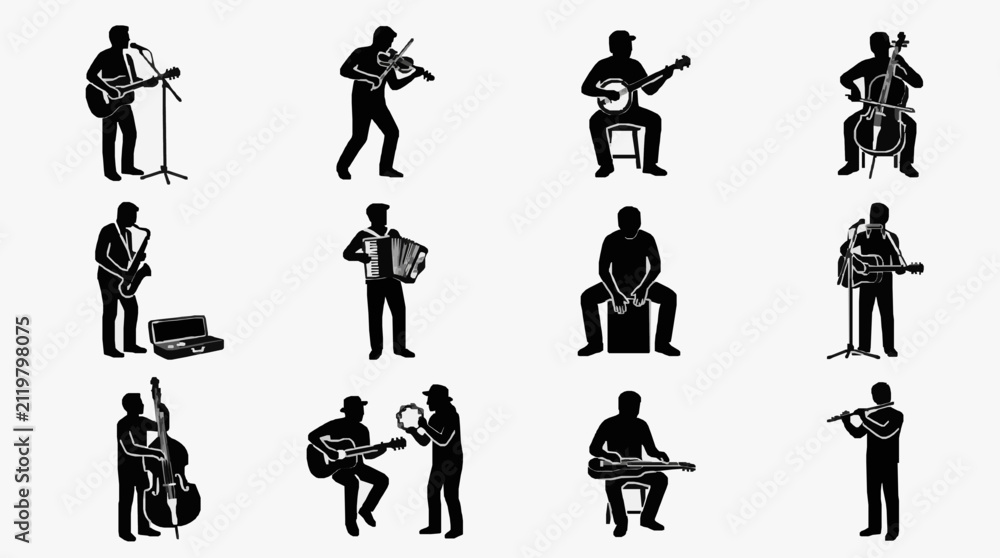 Naklejka premium Musicians Playing Various Instruments Silhouettes.