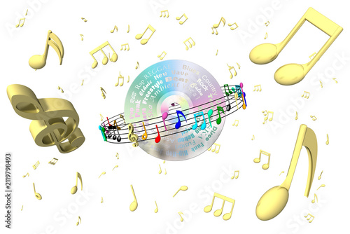 Obraz na plátně Illustrazione con CD circondato da note dorate e scala musicale arcobaleno, con nomi di vari generi