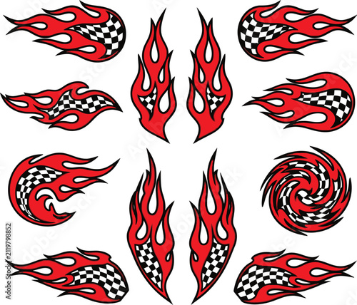 Hot rod flames and checkered flag vinyl stickers vector.