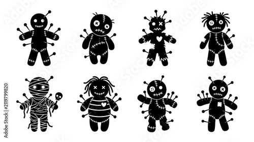 Obraz na płótnie Set of black and white voodoo doll illustrations with pins and needles for hallo