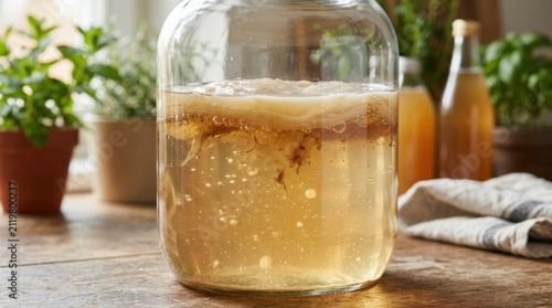 Homemade Kombucha Fermenting in Glass Jar With Scoby