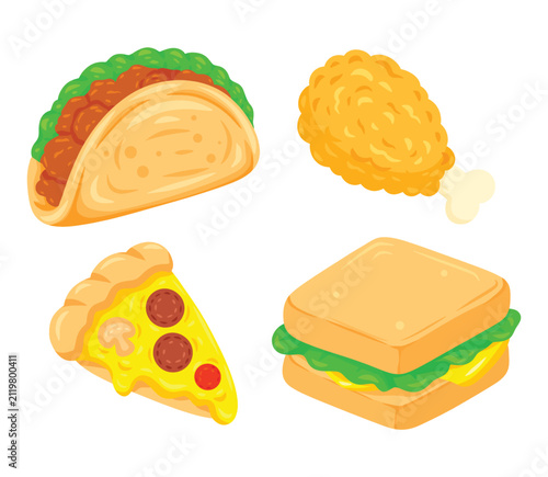 Colorful fast food illustration set featuring taco, fried chicken, pizza slice and sandwich