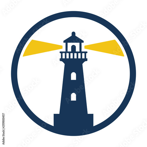 Lighthouse Icon Logo Design with Shining Yellow Light Beams in a Dark Blue Circular Frame