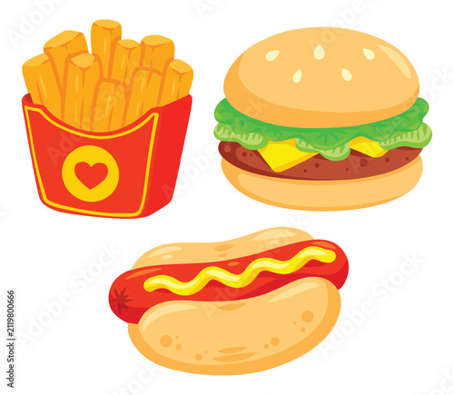 Cartoon fast food set featuring cheeseburger, french fries, and hot dog on white background.