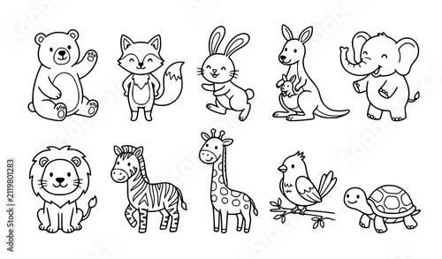 Minimal Cute Animal Outline Coloring Book Set with Zoo and Safari Characters