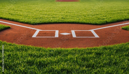 Professional baseball field home plate and batter boxes surrounded by lush green grass