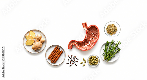 Flat lay of stomach model surrounded by digestive herbs including ginger cinnamon cardamom rosemary and cloves