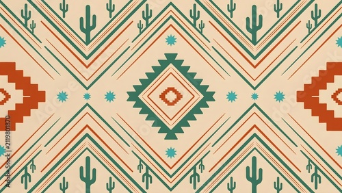 Southwestern Seamless Pattern with Cactus and Aztec Geometric Tribal Ethnic Ornament for Fabric Background Vector Illustration