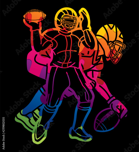 Graffiti American Football Sport Team Group of Players Mix Action Cartoon Graphic Vector