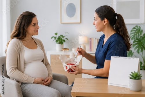 Healthcare Professional Explaining Pelvic Health Model to Pregnant Patient