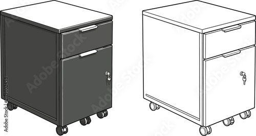 Modern mobile filing cabinet vector set, black and white office pedestal with drawers, lockable metal storage unit for workspace organization