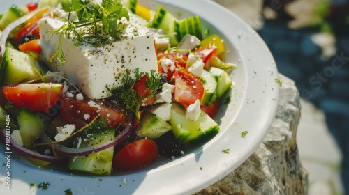 A vibrant and colorful top-down view of a traditional Greek salad, also known as Horiatiki, featuring juicy wedges of ripe tomatoes, crisp cucumber slices, thinly sliced tangy red onions, briny Kalama