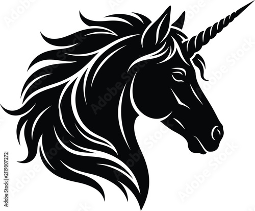 Foto Majestic Unicorn Head Silhouette Vector Illustration - Mythical Horse Profile with Flowing Mane and Spiral Horn for Logo Design, Tattoo Art, and High-Quality Fantasy Graphic Projects