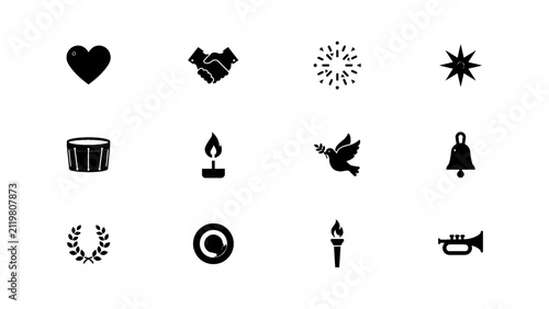 Collection of symbolic black icons with high contrast icons arranged grid on transparent background