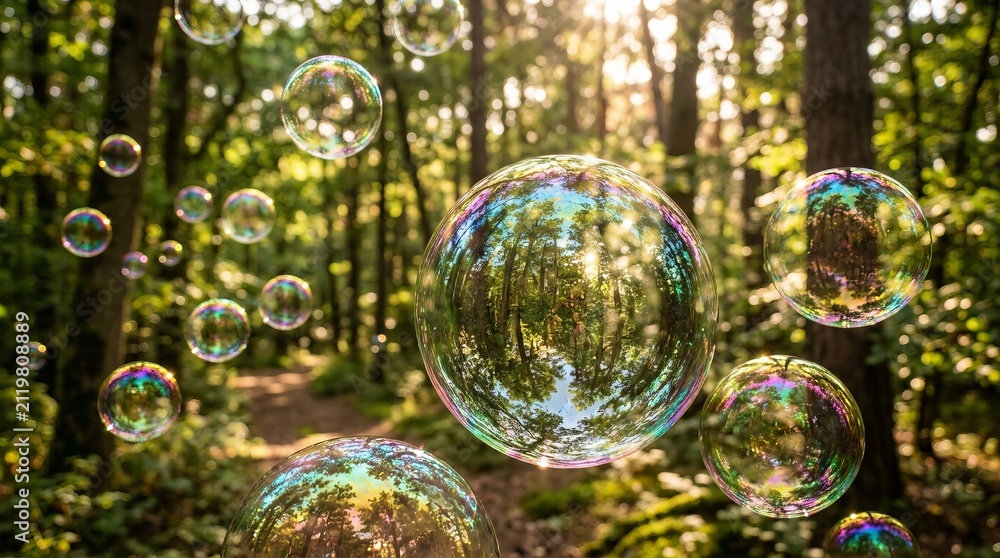 Fototapeta premium Colorful soap bubbles floating through a sunlit forest clearing in summer.