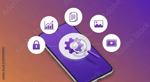 Mobile app optimization illustration with search tool, analytics and security icons.