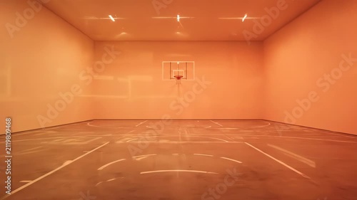 An empty basketball court transforms with changing colors and appearing lines. This minimalist space evolves from cool blue to warm orange tones.