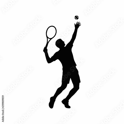 Tennis Player Silhouette Serving Ball With Racquet.
