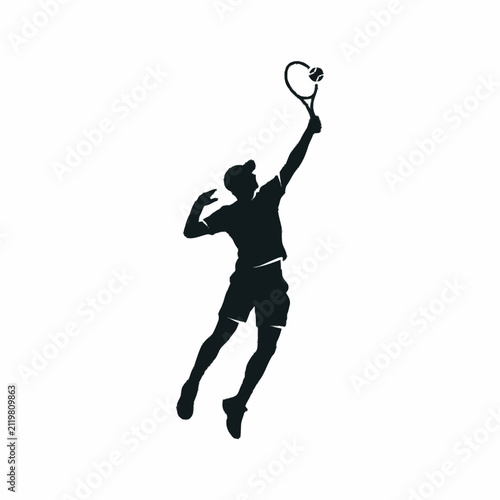 Tennis Player Silhouette Serving Ball Mid Air.