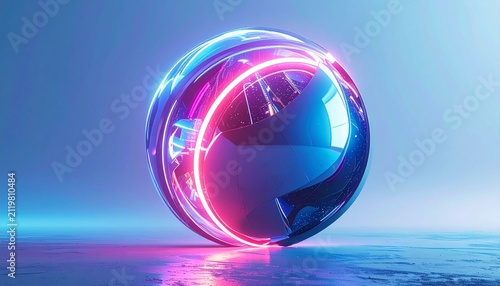 Futuristic, abstract spherical design featuring vibrant neon lights against a blue-and-white background.
