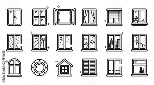 Vector line icon set featuring various house window frames, glass views and shutter styles, illustrating architectural design elements and representing interior home decor concepts