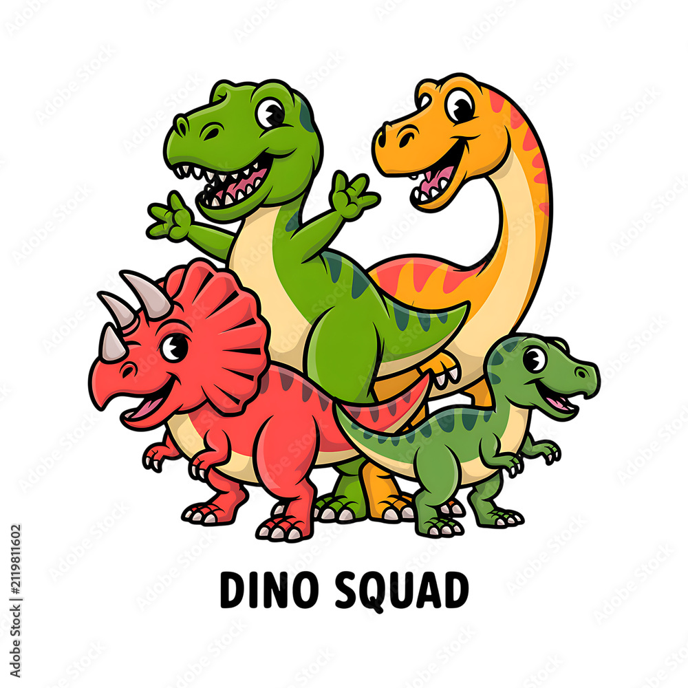 Obraz premium Cute pixel art dino squad featuring a happy group of colorful prehistoric dinosaur characters