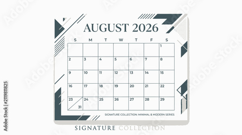 August 2026 Calendar Page Minimalist Geometric Design