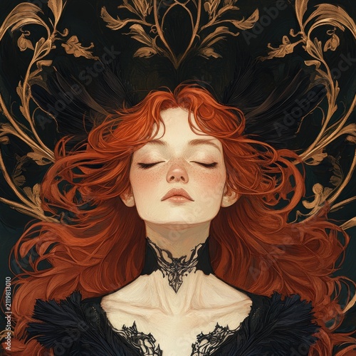 Red-haired woman portrait with ornamental background, eyes closed