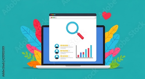 Digital concept illustration of user research and performance analysis on a laptop