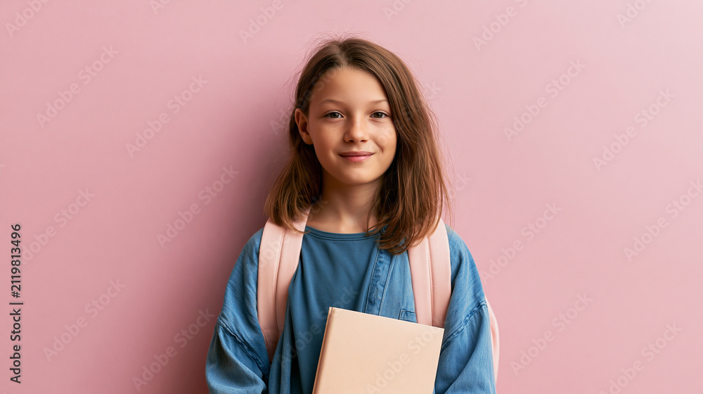 Fototapeta premium Portrait of Young Girl with Backpack and Notebook Against Pink Wall