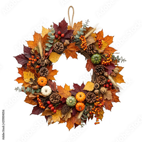 Autumn wreath with pumpkins, pinecones, berries, and colorful maple leaves isolated on transparent background