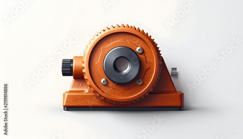 Orange industrial gear mechanism on white background.