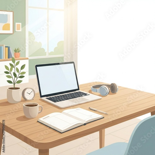Minimal Home Office Workspace with Laptop, Coffee Cup, Notebook and Natural Light