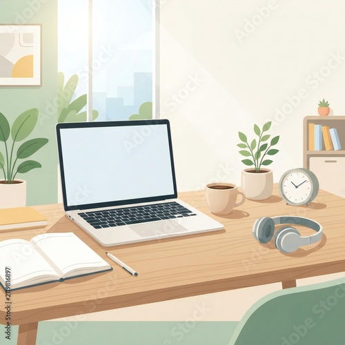 Modern Home Office Workspace with Laptop, Coffee Cup, Book and Headphones for Remote Work