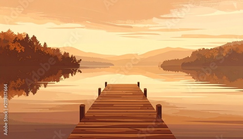 Wooden dock extending into calm lake at sunrise.