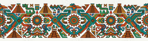 Ancient Aztec Pattern Border with Pyramids and Sun Symbols