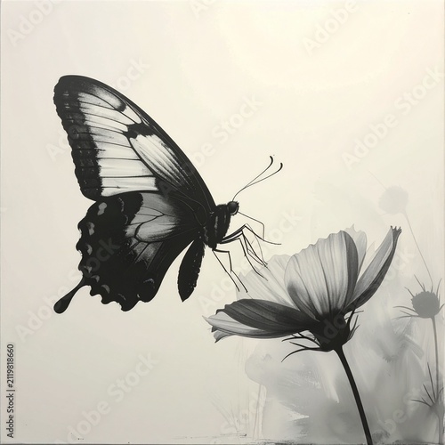 Black and white butterfly feeding on a flower.