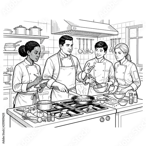 Latino chef training multicultural kitchen staff clip art for culinary blogs