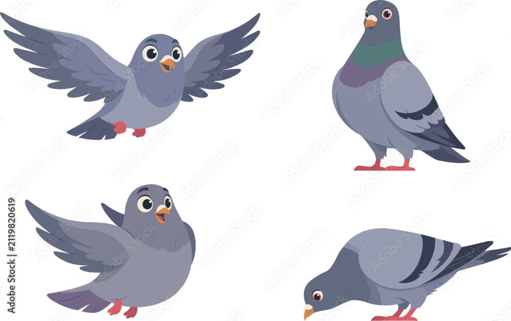 Fototapeta premium Cute City Pigeon Bird Character Set Flying with Open Wings Standing and Pecking for Food Isolated Cartoon Style Vector Illustration