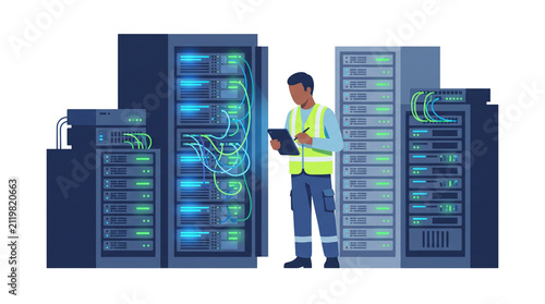 IT technician inspecting server racks in a data center.