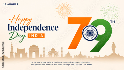 79th India Independence Day Greeting Banner with Patriotic Typography, Ashoka Chakra and Iconic Indian Monument Skyline