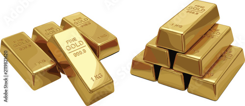 Fine Gold Bullion Bars and Pyramid Stack Vector Set with Detailed Engravings for Wealth, Investment, and Premium Financial Concepts