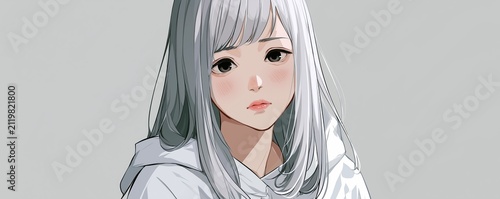 Anime Girl with Silver Hair and White Hoodie Soft Portrait Illustration